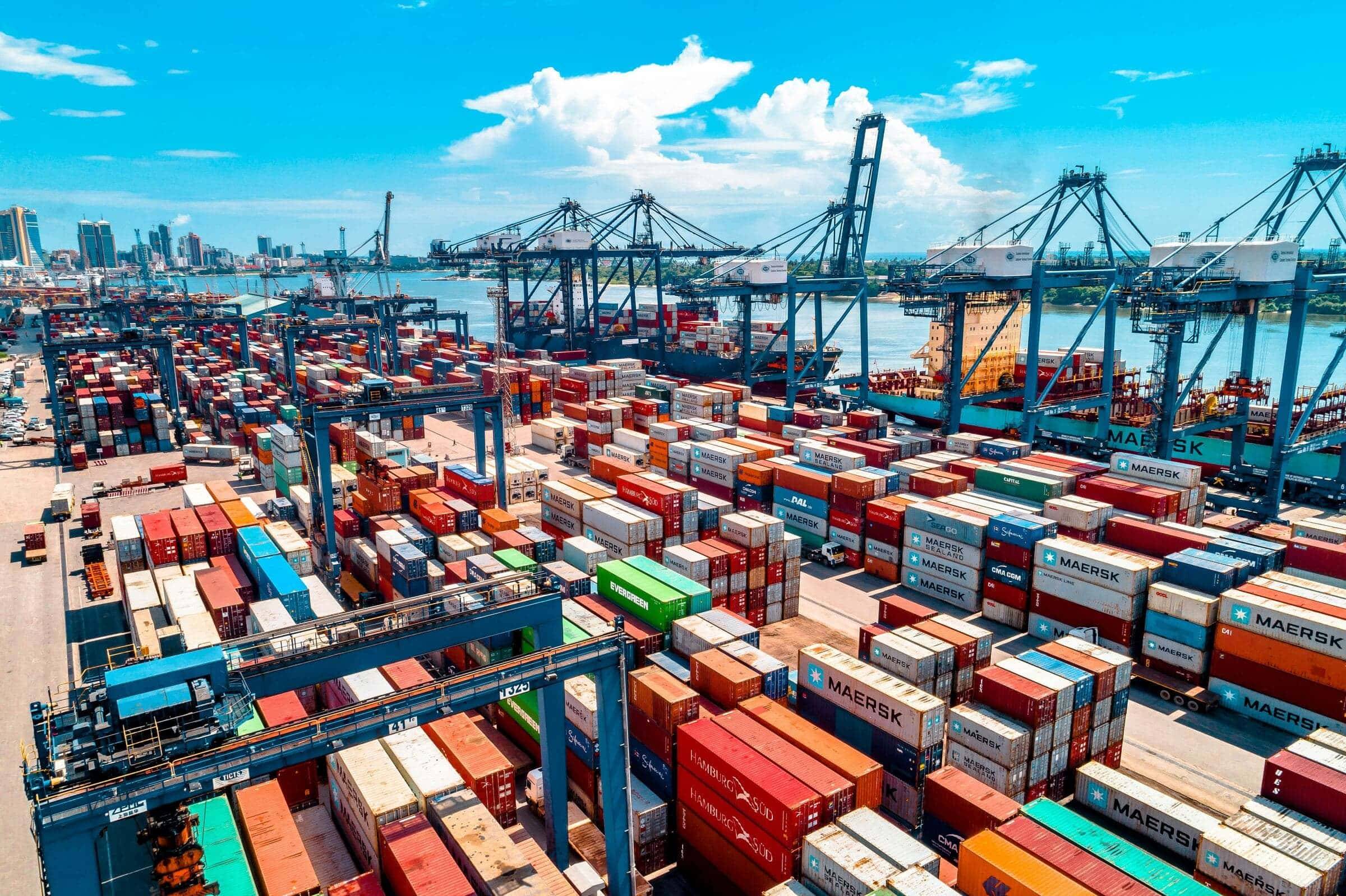 Aerial view of a container terminal yard with the city skyline beyond